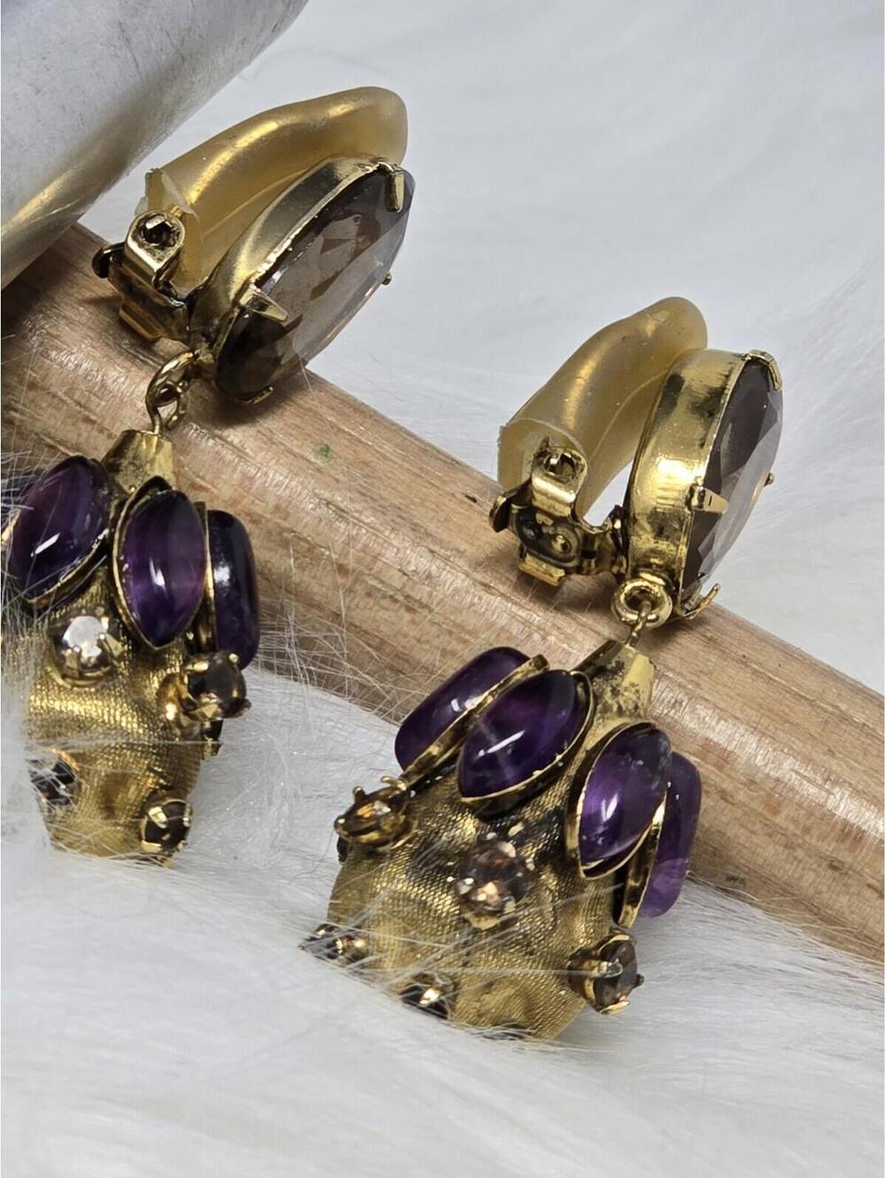 Vintage Amethyst Cabochon Dangle Drop Clip Earrings Estate - Picture 5 of 9